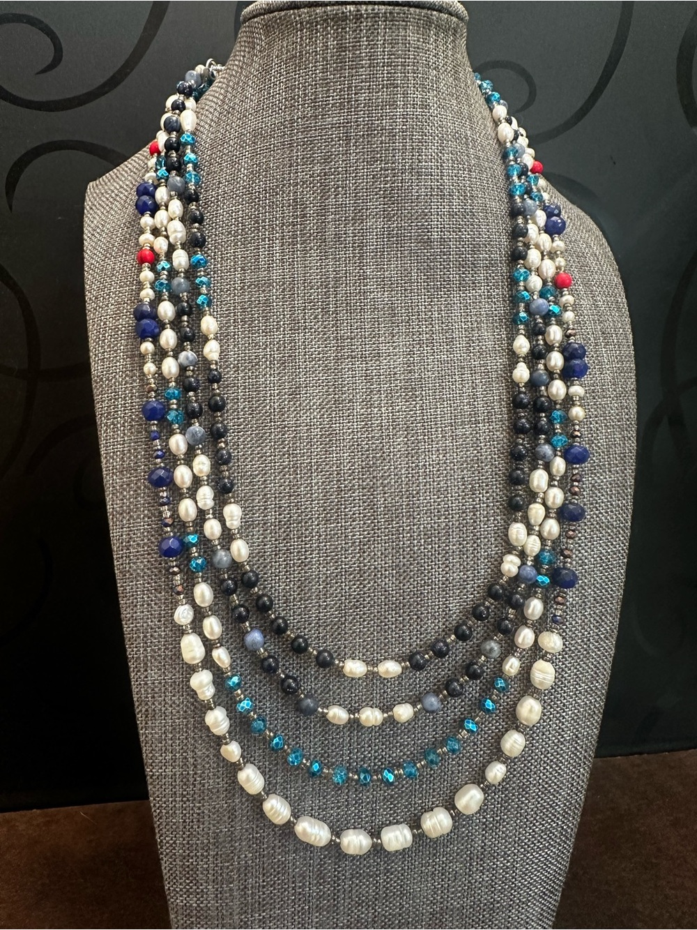 Multi-Strand Blue Lapis Lazuli & White Pearls Beaded Necklace